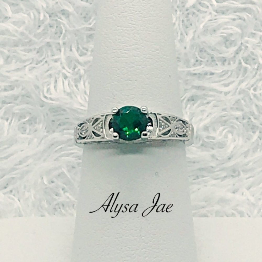 Sterling Silver/Rhodium Emerald Filigree Ring, 7